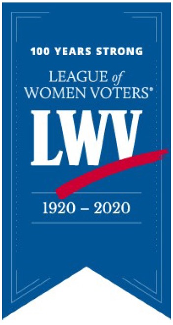 Ribbon artwork reading:100 Years Strong League of Women Voters LWV 1920-2020